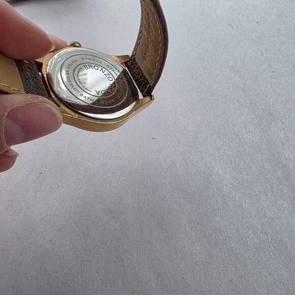 Bronzo Italia Black Spinel Stone Dial Bronze Yellow Gold Watch Leather Band New